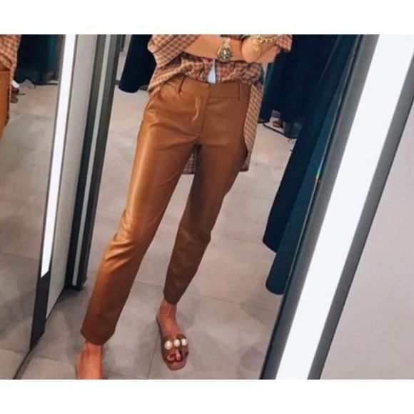 ZARA Medium Brown Leather Pants High Waist Straight Leg Jean - Picture 9 of 10